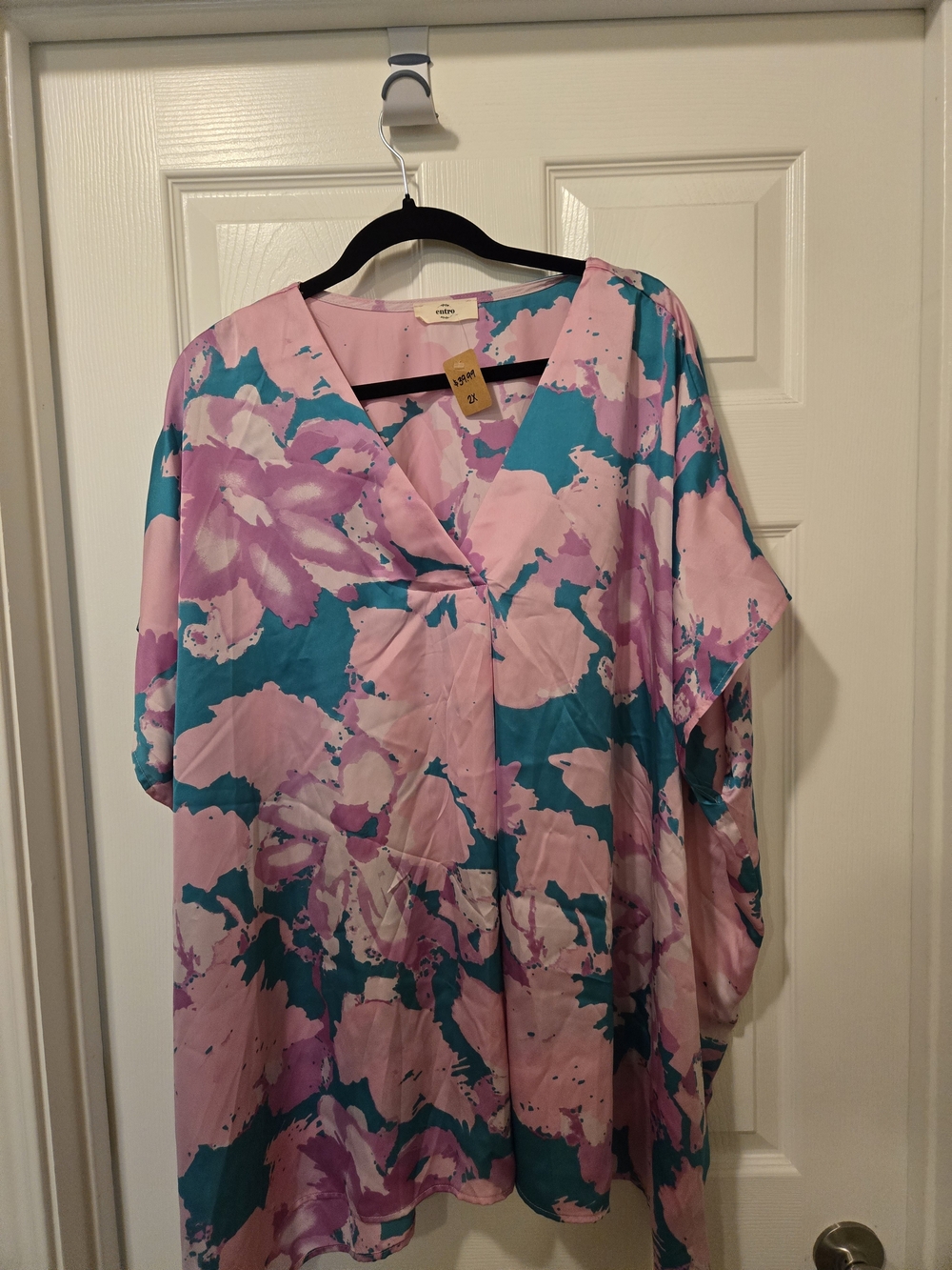 entro Pink Teal Floral V-Neck Blouse